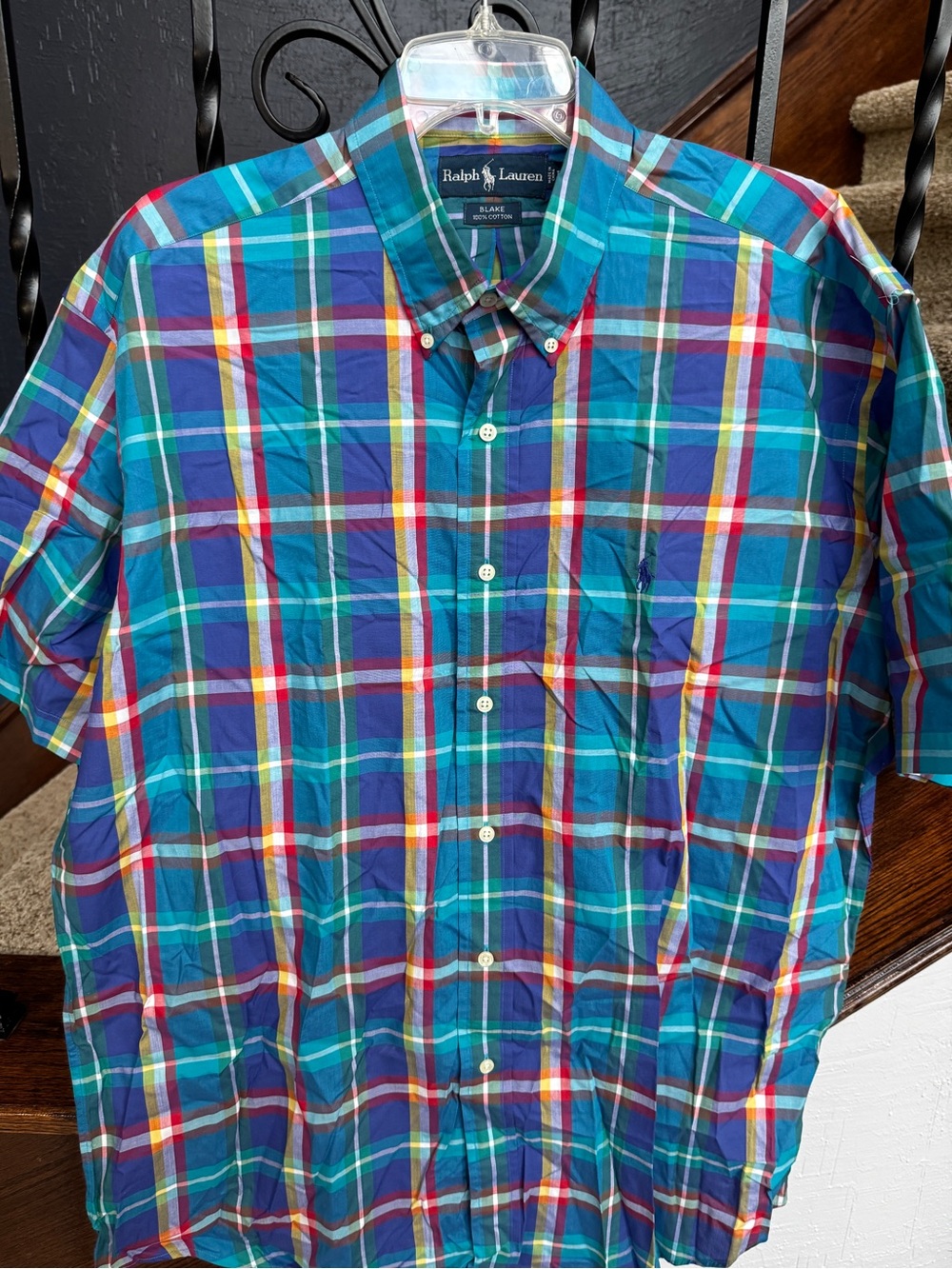 New Large Ralph Lauren Men’s Teal & Blue Plaid Short Sleeve Button-Down Shirt
